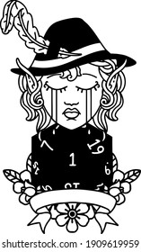 Black and White Tattoo linework Style crying elf bard character with natural one D20 roll