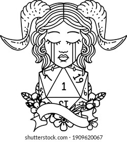 Black and White Tattoo linework Style crying tiefling with natural one D20 roll