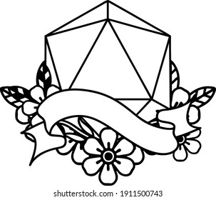 Black and White Tattoo linework Style natural one d20 dice roll
