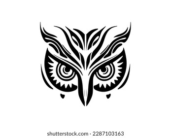 ﻿A black and white tattoo of an owl face with Polynesian designs.