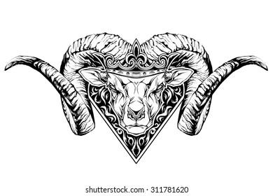 Black And White Tattoo Of A Ram Head In Crown. Vector Illustration