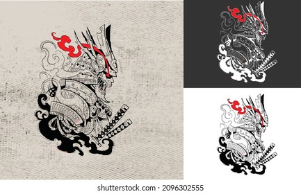 black and white tattoo of samurai japan vector illustration design