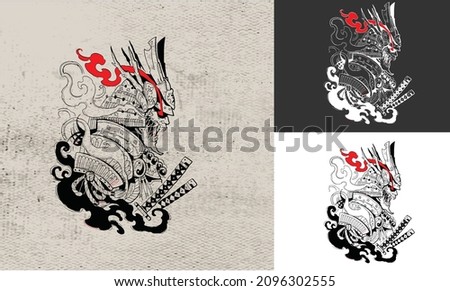 black and white tattoo of samurai japan vector illustration design