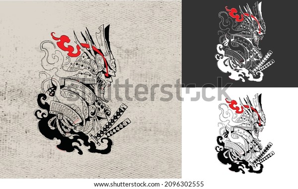 black and white tattoo of samurai japan vector\
illustration design