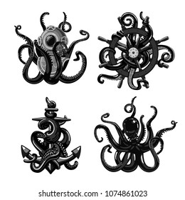 Black and white tattoo set with octopus. Tentacles with anchor helmet and helm. Isolated on white clip art collection.