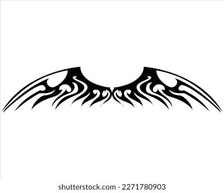 Diseño vectorial de silueta de tatuaje blanco y negro de un par de alas de murciélago en una forma única con muchos símbolos tallados afilados y semicirculares que forman un hermoso patrón