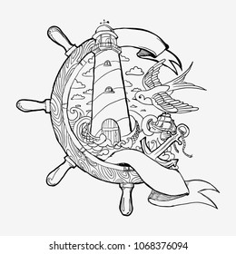 Black and White tattoo sketch. Lighthouse in handwheel with anchor and swallow. Hand drawn stock illustration.