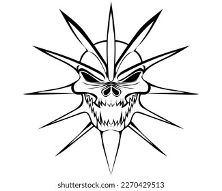 black and white tattoo symbol vector design of a skull head with many sharp horns around its head down to the lower chin which has large horns and is opening its scary mouth
