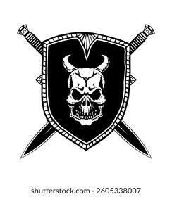 black and white tattoo. vector illustration. shield image with skull and swords on background. print popular
