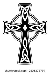 black and white tattoo. vector illustration. print. popular. viking cross scandinavian with patterns on white background