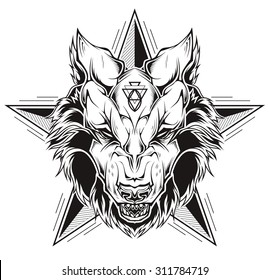 Black and white tattoo of a wolf head with star. Vector illustration