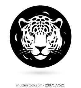 A black and white tattoo-inspired illustration of a leopard head inside a circular border on a white background