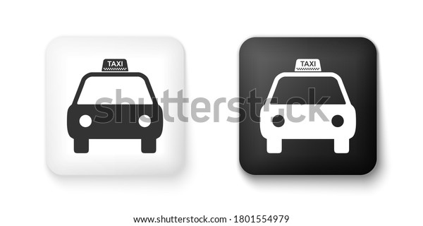 Black and white Taxi car icon isolated on\
white background. Square button.\
Vector.