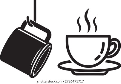 Blanco y negro de una bolsa de té y una taza de té humeante en un platillo de bebida caliente