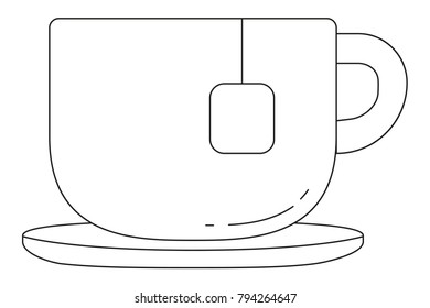 Black and white tea coffee cup icon poster. Line art vector illustration for gift card certificate banner sticker, badge sign, stamp, logo, icon label.