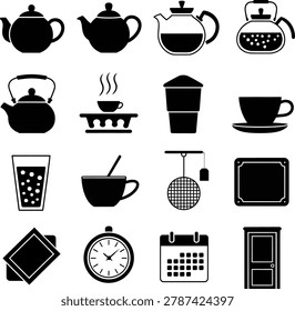 Black and white tea and coffee making accessories icons with kitchen tools and time management symbols
