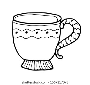 Black and white tea cup vector illustration. Hand drawing outline mug. 