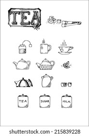 Black and white tea icon set