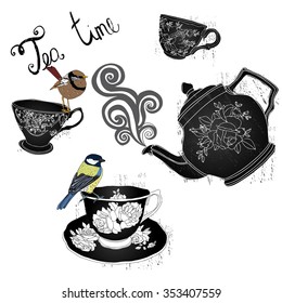 Black and white tea party , tea cups, tea pot, birds , vector illustration