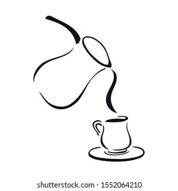 Black and white tea pot pouring into a cup