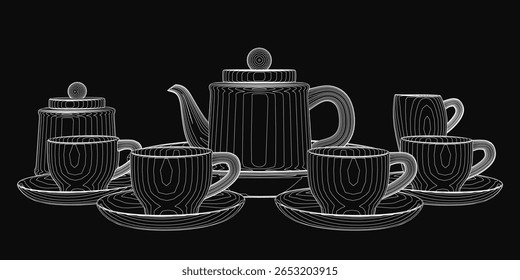 A black and white tea set features delicate cups and saucers arranged around a central kettle. The deep black background enhances the stark contrast with the white porcelain.
