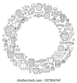 Black and white tea sweets bakery doodle collection in round frame border decoration element