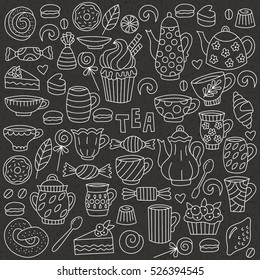 Black and white tea time doodles dessert hand drawn symbols vector set