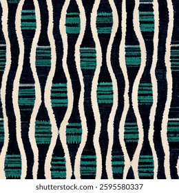 Black, white, and teal lines on a navy blue fabric. grunge lines ikat pattern, striped seamless pattern, Vector illustration background for print the paper.