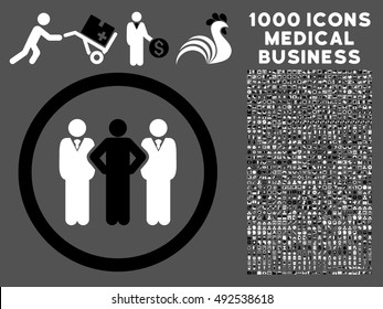 Black And White Team vector bicolor rounded icon. Image style is a flat icon symbol inside a circle, gray background. Bonus clipart includes 1000 health care business elements.