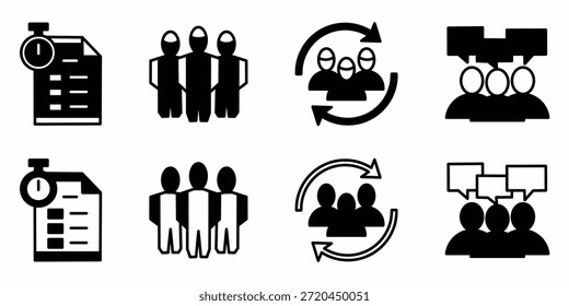 Conjunto de iconos de trabajo en equipo en blanco y negro. Diseño de Vector de stock.