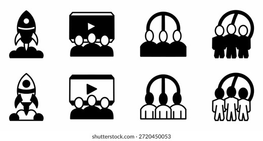 Conjunto de iconos de trabajo en equipo en blanco y negro. Diseño de Vector de stock.