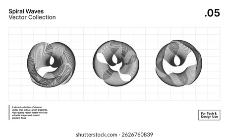 Black and White Tech Spirals – Editable Line Art Vectors on Grid Background