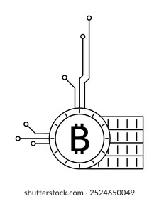 Dibujo técnico en blanco y negro de un símbolo de Bitcoin conectado a circuitos digitales sobre un fondo blanco. Ideal para moneda digital, fintech, educación blockchain, innovación tecnológica, criptomonedas