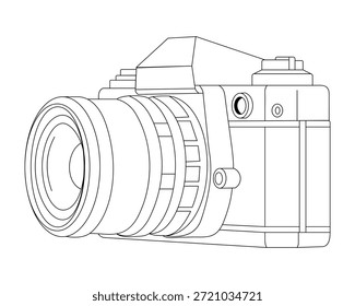 Dibujo técnico en blanco y negro de una cámara digital y una lente