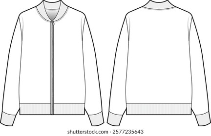 Black and White Technical Drawing of a Zip-Up Bomber Jacket – Front and Back Views