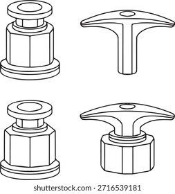 Ilustración de línea técnica en blanco y negro de componentes mecánicos industriales aislados sobre fondo blanco.