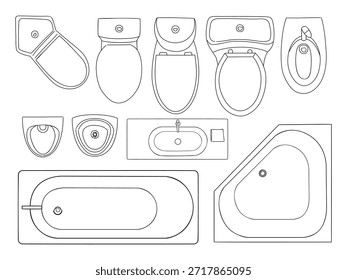 Black and white technical line illustration of bathroom fixtures including toilets, urinals, sink, and bathtubs shown in top view grid layout.