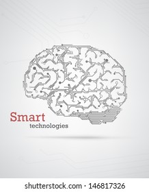 Black and white technology background with a brain formed by semiconductor tracks. EPS10 vector.