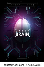 Black and white technology background with a brain. technology brain circuit poster.cyberspace poster,cyber robot processor background,connect circuit poster. HUD ui template.