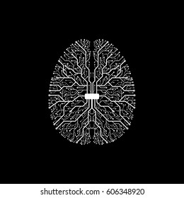 Black and white technology background with a brain formed by semiconductor tracks.