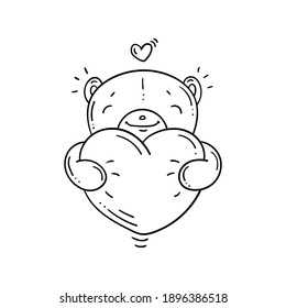 Black and white Teddy bear with big heart in doodle style