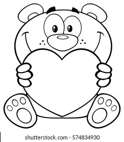 Black And White Teddy Bear Cartoon Mascot Character Holding A Valentine Love Heart. Vector Illustration Isolated On White Background