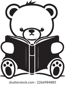 black and white teddy bear reading a book, logo, emblem 