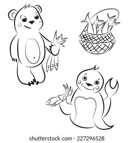 Black and white teddy bear and seal with fish. Basket with a catch. Vector sketch coloring. 