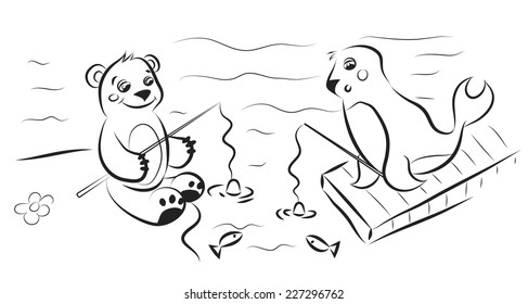 Black and white teddy bear and seal fishing. Vector sketch coloring.