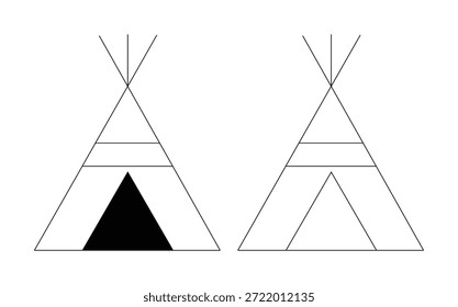 Black and white teepee tent structures on plain background for camping and outdoor adventure themes with travel and nature and wilderness and explore and vacation