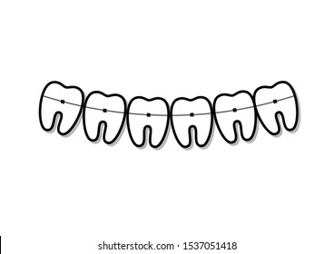 black and white teeth symbols in smile shape with braces on them, isolated on a white background horizontal vector illustration