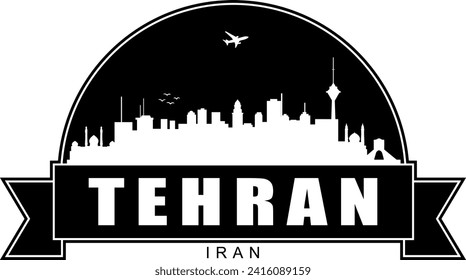 Black and white Tehran Iran city buildings skyline negative air space silhouette dome shaped emblem with scroll banner below and name text inside. Vector eps graphic design.