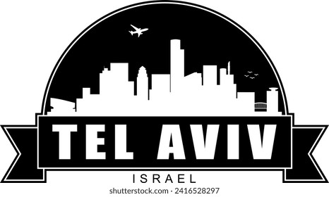 Black and white Tel Aviv city buildings skyline negative air space silhouette dome shaped emblem with scroll banner below and name text inside. Vector eps graphic design.