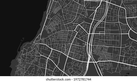 Black and white Tel Aviv Yafo city area vector background map, streets and water cartography illustration. Widescreen proportion, digital flat design streetmap.